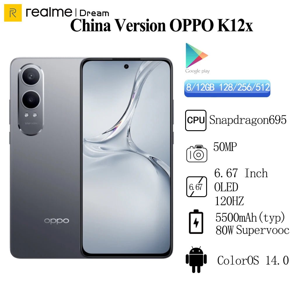 Original OPPO K12x 5G 50MP Rear Camera Snapdragon695 6.67'' OLED 120HZ 5500mAh Battery 80W SUPERVOOC OTA Update - Partij stunter
